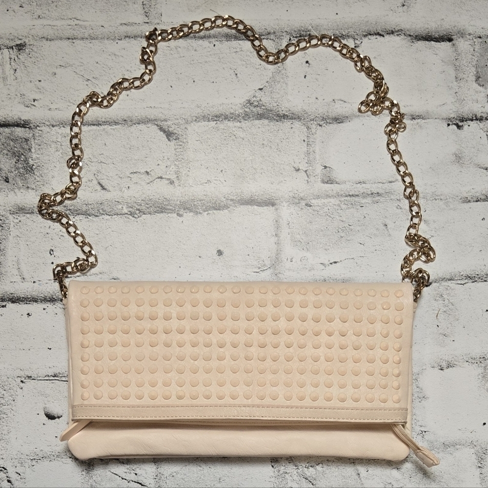 Aldo Nude Studded Crossbody Clutch Bag Gold Chain Convertible Purse
